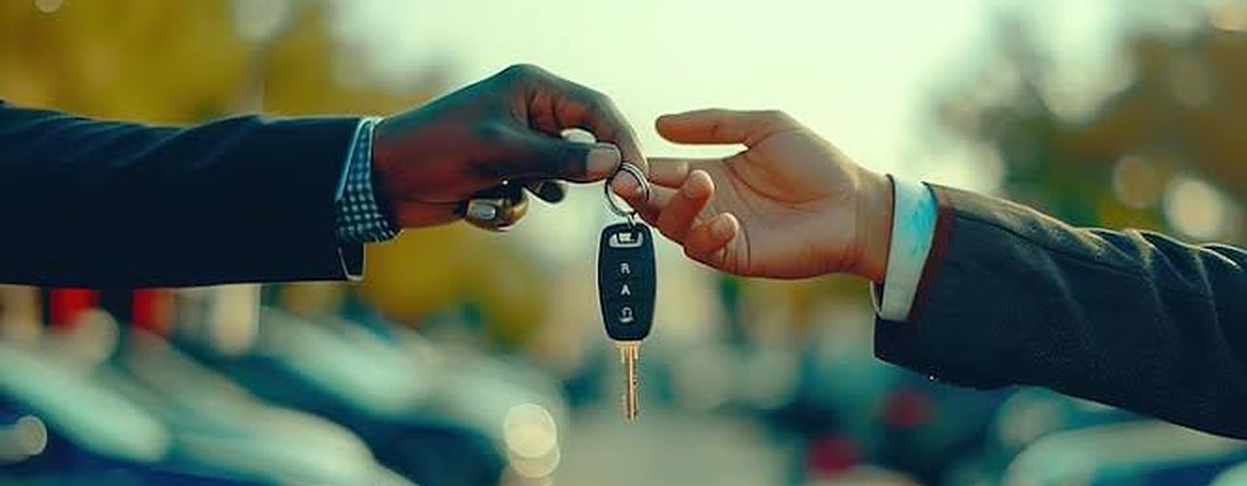 Car keys being handed over at a dealership — rent to buy vs bank car finance